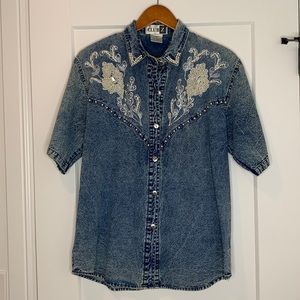 Vintage Pearl, Bead, Rhinestone Embellished Denim Button Up